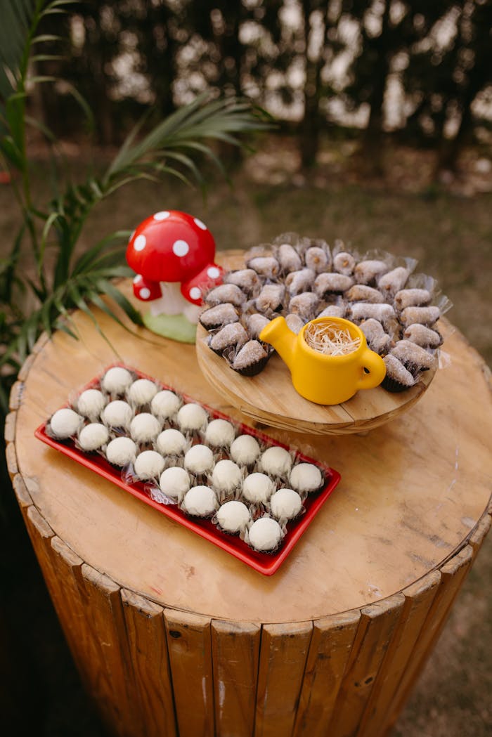 Delightful chocolate desserts displayed outdoors on a rustic table.